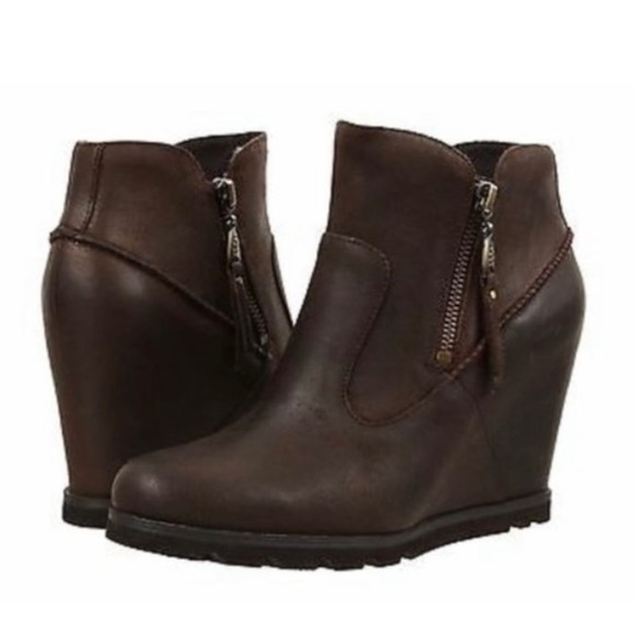 UGG Shoes - UGG Myrna chocolate brown distressed leather wedge booties size 7.5